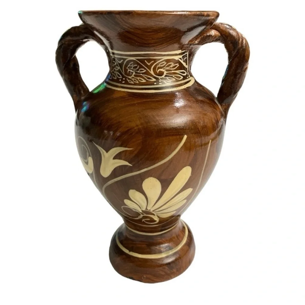 Vintage Signed Handmade Greek Pottery Vase Woman Double Handle Made in Greece